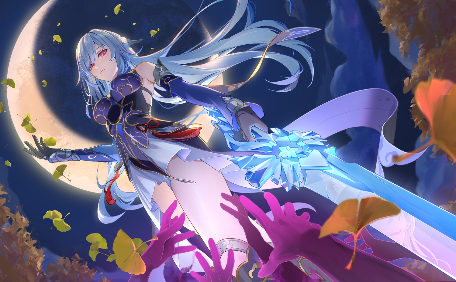 armor, autumn, bibi_(obb_spl), chinese_clothes, clouds, dress, gloves, gray_hair