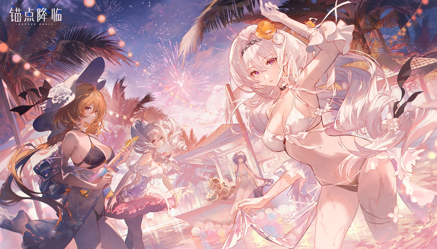 anchor_panic, bikini, dress, fireworks, gray_hair, group, gun, logo