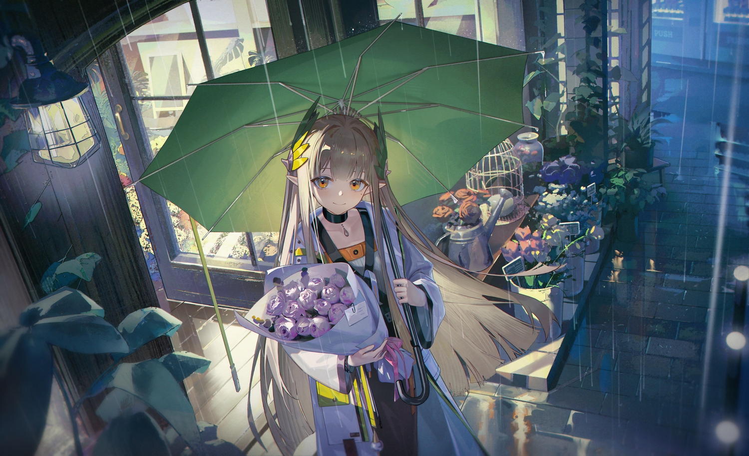 arknights, ash-c, brown_hair, choker, flowers, leaves, long_hair, muelsyse_(arknights)