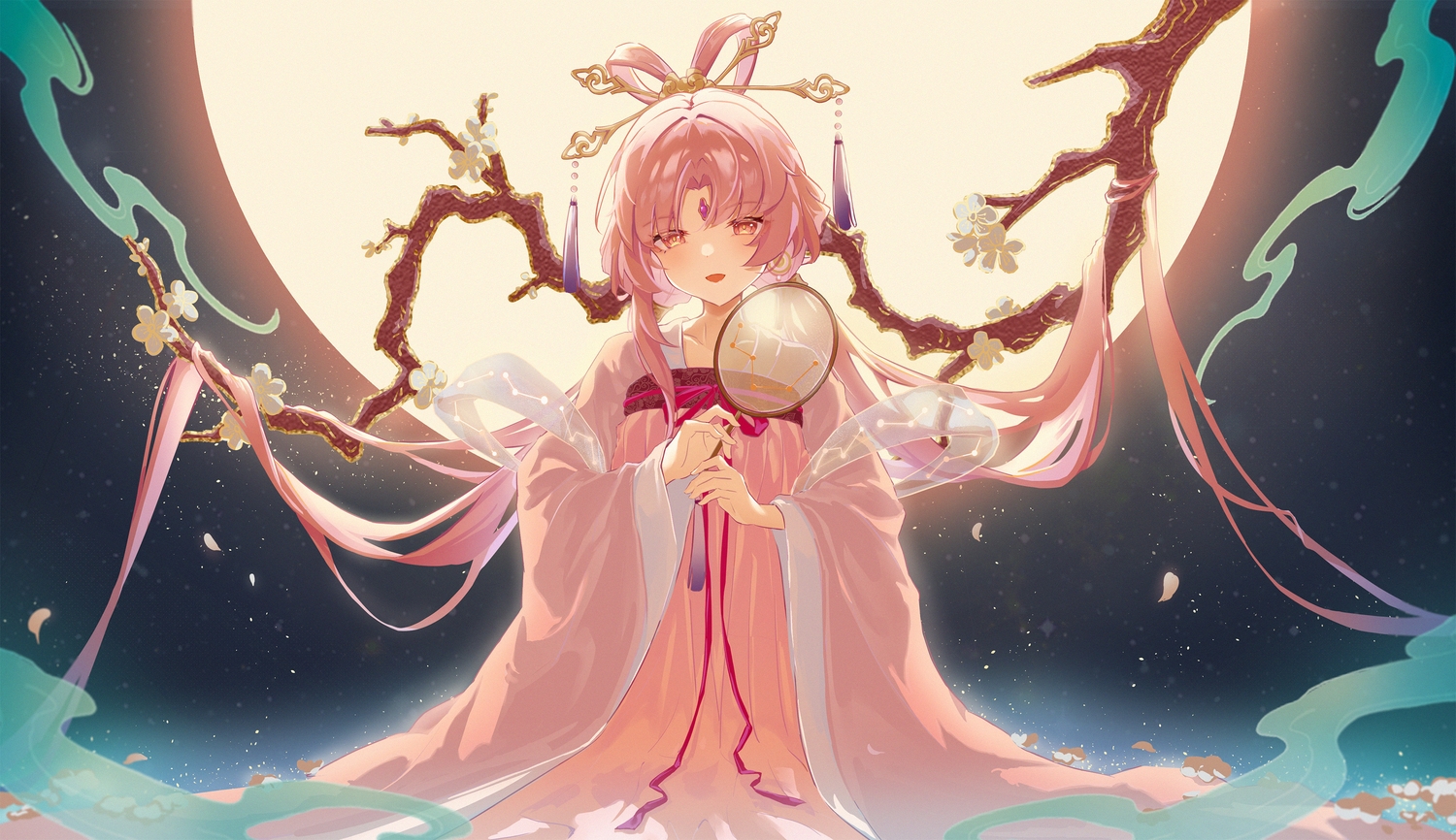 chinese_clothes, fan, flowers, franhill, fu_xuan_(honkai:_star_rail), headdress, honkai_(series), honkai:_star_rail, long_hair, moon, orange_eyes, petals, pink_hair