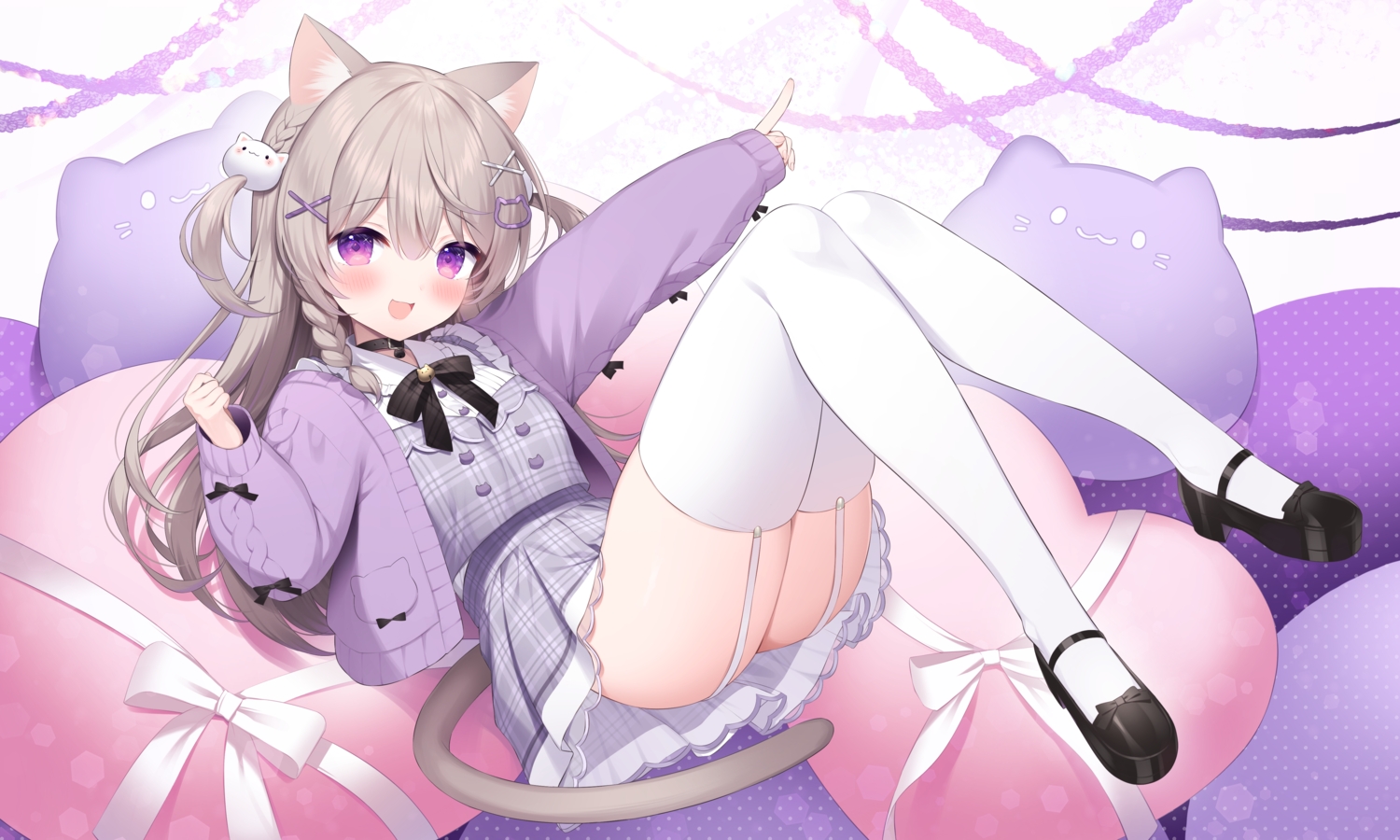 animal_ears, blush, bow, braids, brown_hair, catgirl, cat_smile, dress, garter_belt, gray_hair, hisagi_(puchimaple), long_hair, minaneko_mai, purple_eyes, ribbons, skirt, skirt_lift, stockings, tail