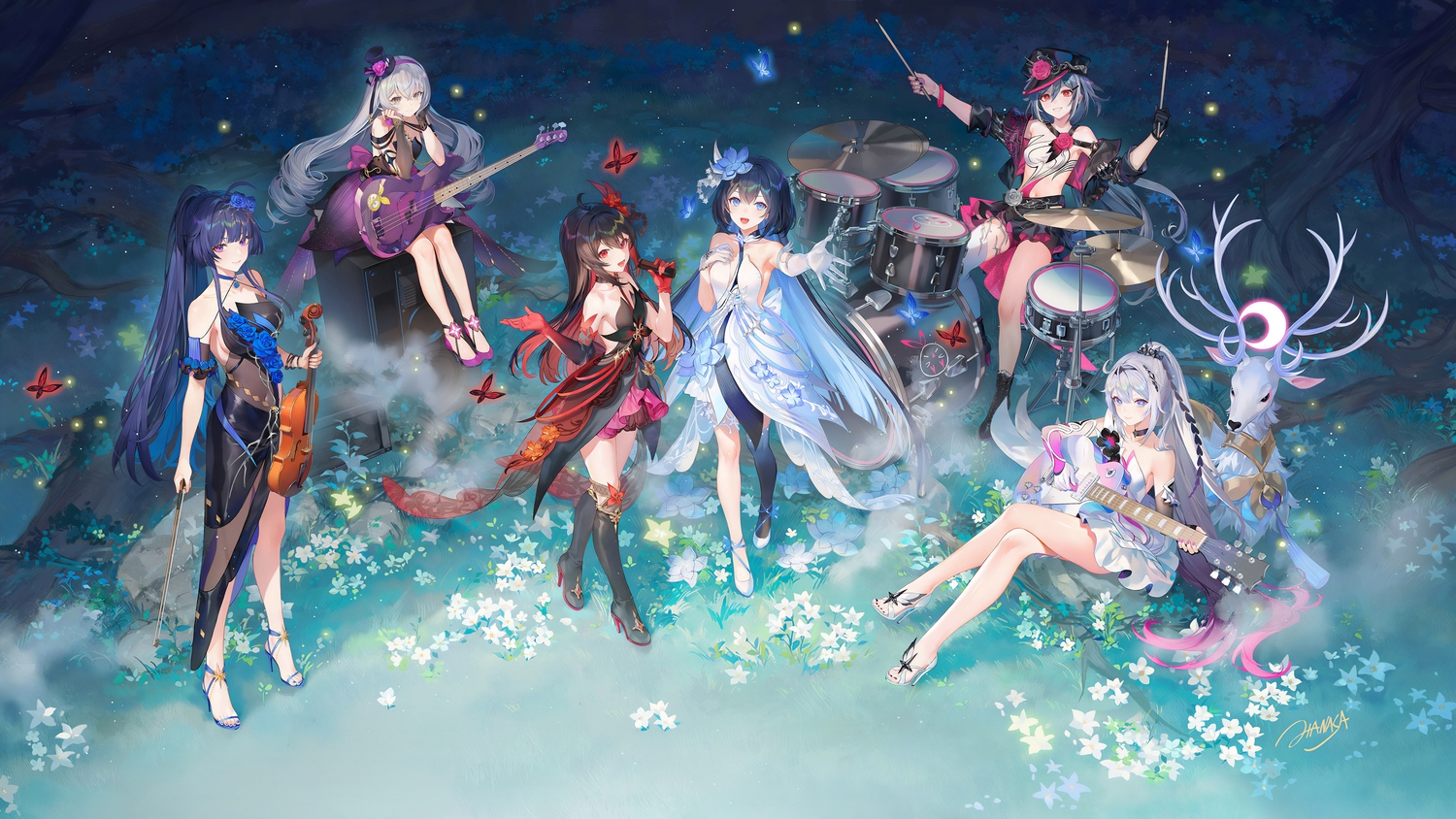 animal, blue_eyes, blue_hair, bronya_zaychik, butterfly, criin, dress, drums