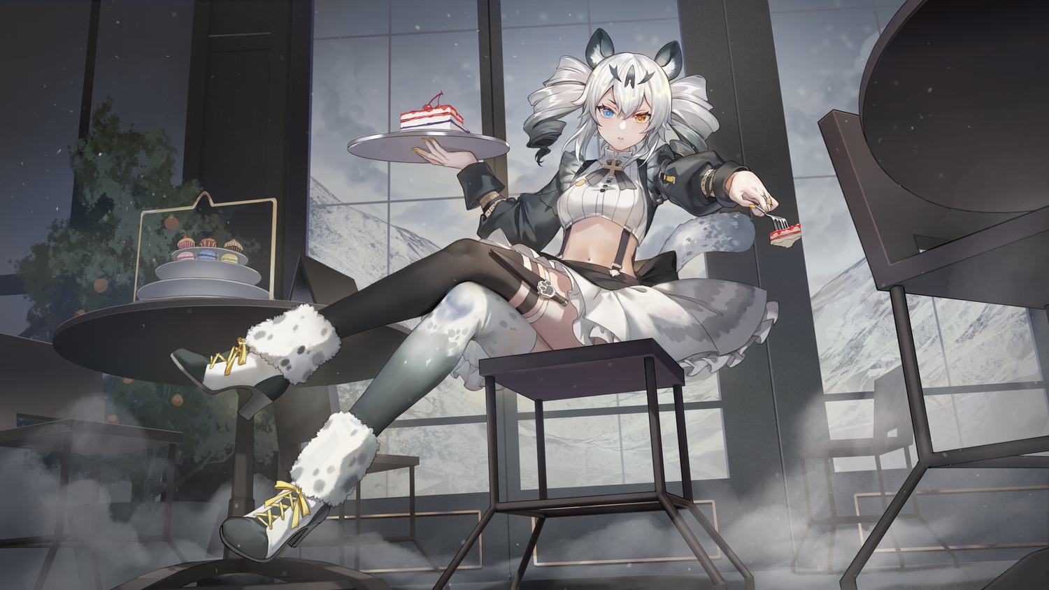 animal_ears, bicolored_eyes, boots, cake, cherry, clouds, criin, food