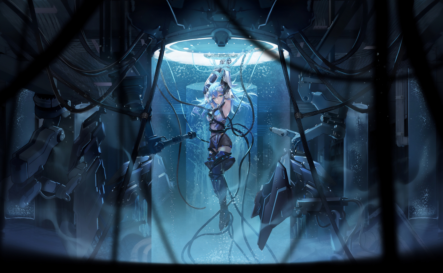 artery_gear, blue_eyes, blue_hair, bondage, boots, criin, long_hair, mechagirl, nio_(artery_gear), shorts, thighhighs, water