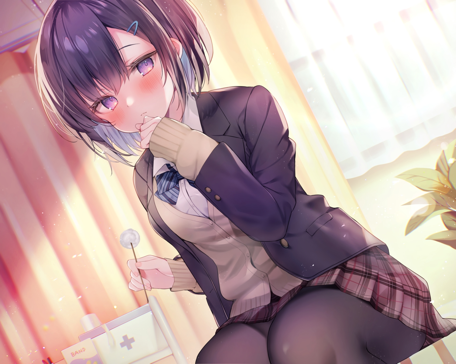 black_hair, blush, bow, close, ebihara_beniko, original, pantyhose, purple_eyes, raro, school_uniform, short_hair, skirt