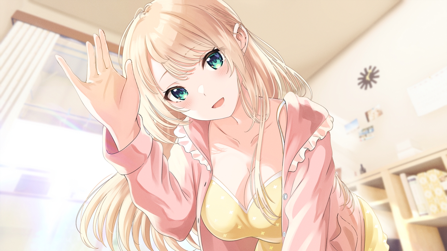 blonde_hair, blush, breasts, cleavage, close, green_eyes, long_hair, original
