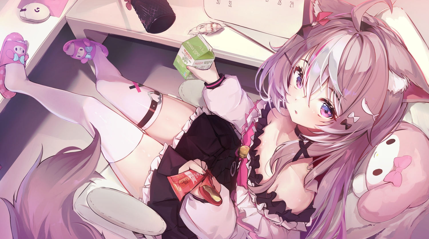 animal_ears, bell, bow, collar, drink, eunip, flat_chest, food