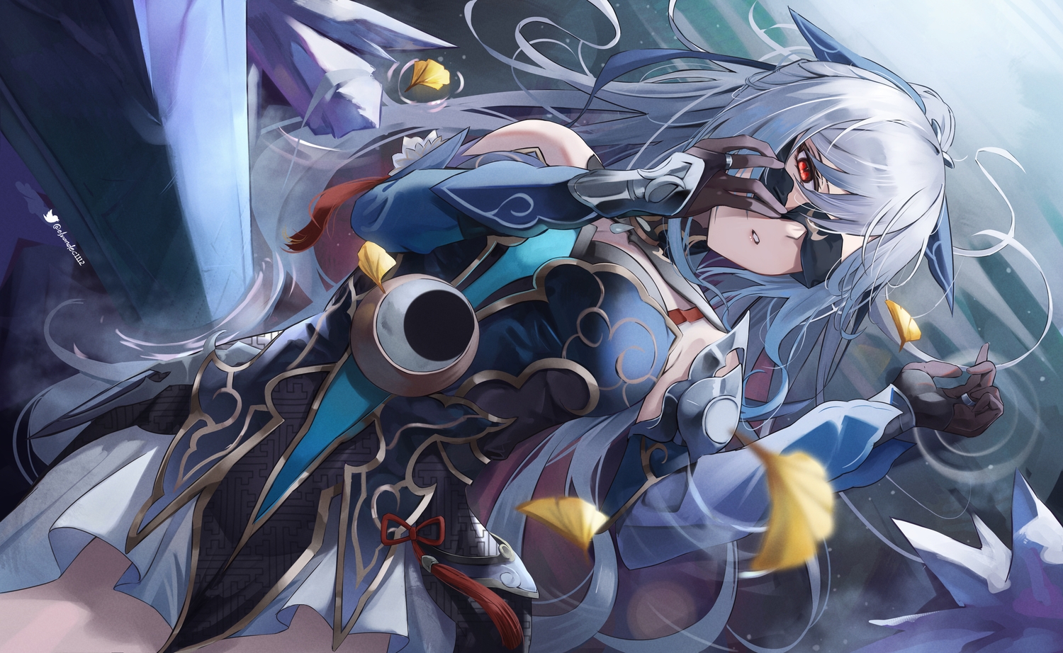 blindfold, chinese_clothes, dress, elvandec, gloves, gray_hair, honkai_(series), honkai:_star_rail, jingliu_(honkai:_star_rail), long_hair, red_eyes, signed