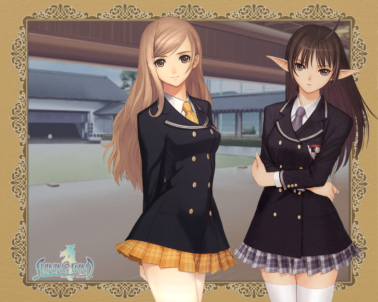 2girls, black_eyes, black_hair, brown_eyes, brown_hair, logo, long_hair, pointed_ears