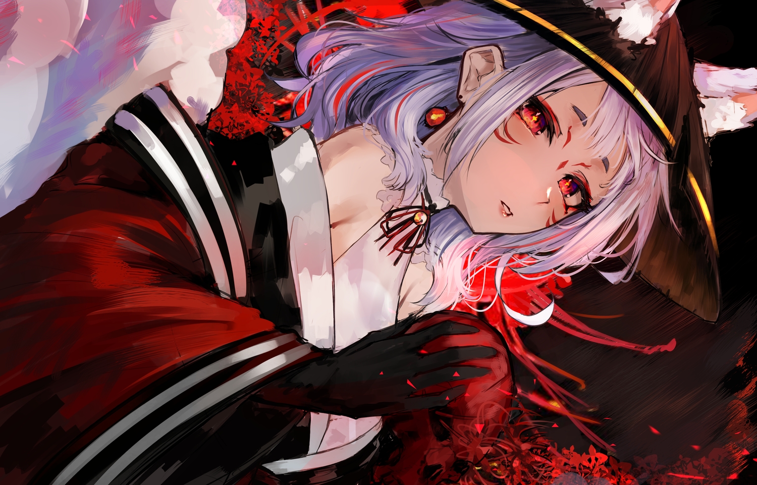 animal_ears, flowers, foxgirl, gray_hair, hat, japanese_clothes, kimono, multiple_tails
