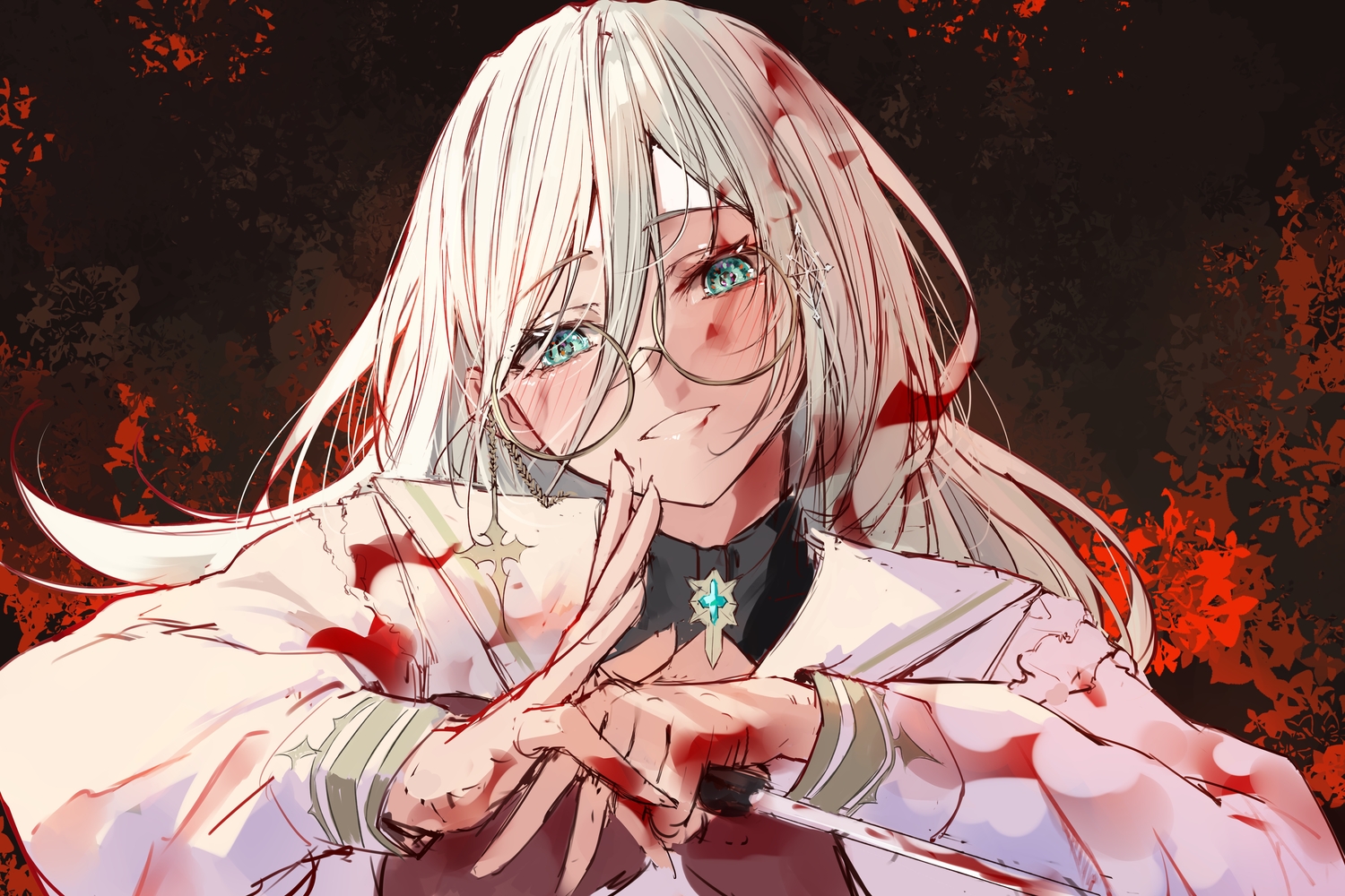 aia_amare, aqua_eyes, blood, blush, close, glasses, knife, long_hair, naokomama, nijisanji, sketch, weapon, white_hair