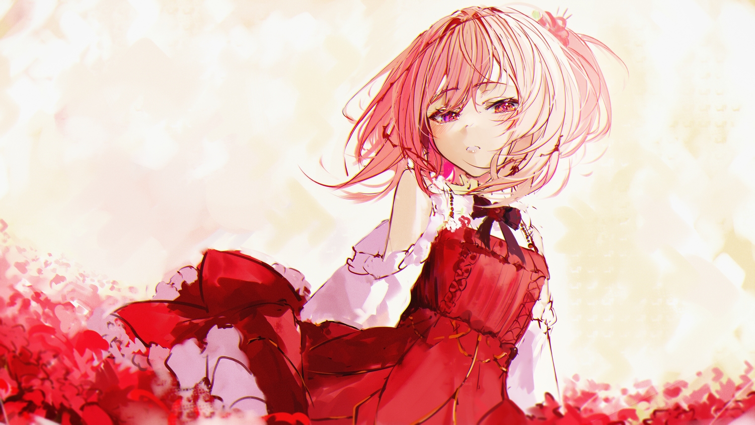 bow, dress, flowers, naokomama, nijisanji, pink_hair, red, red_eyes