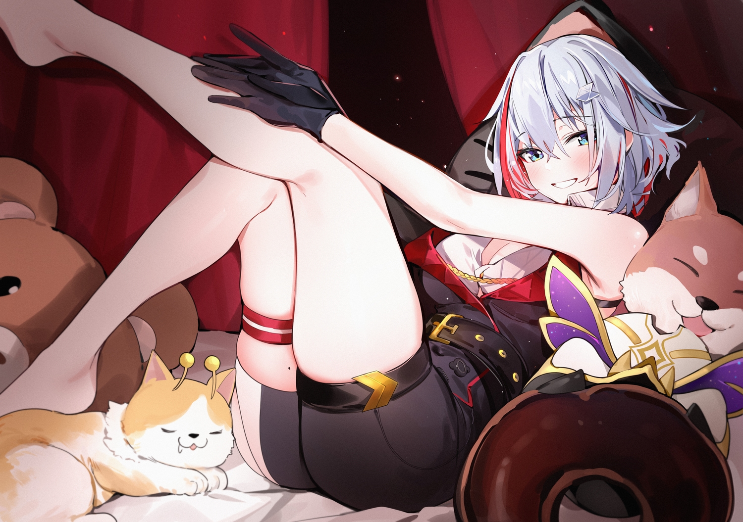 animal, barefoot, bed, blue_eyes, blush, breasts, cleavage, dog