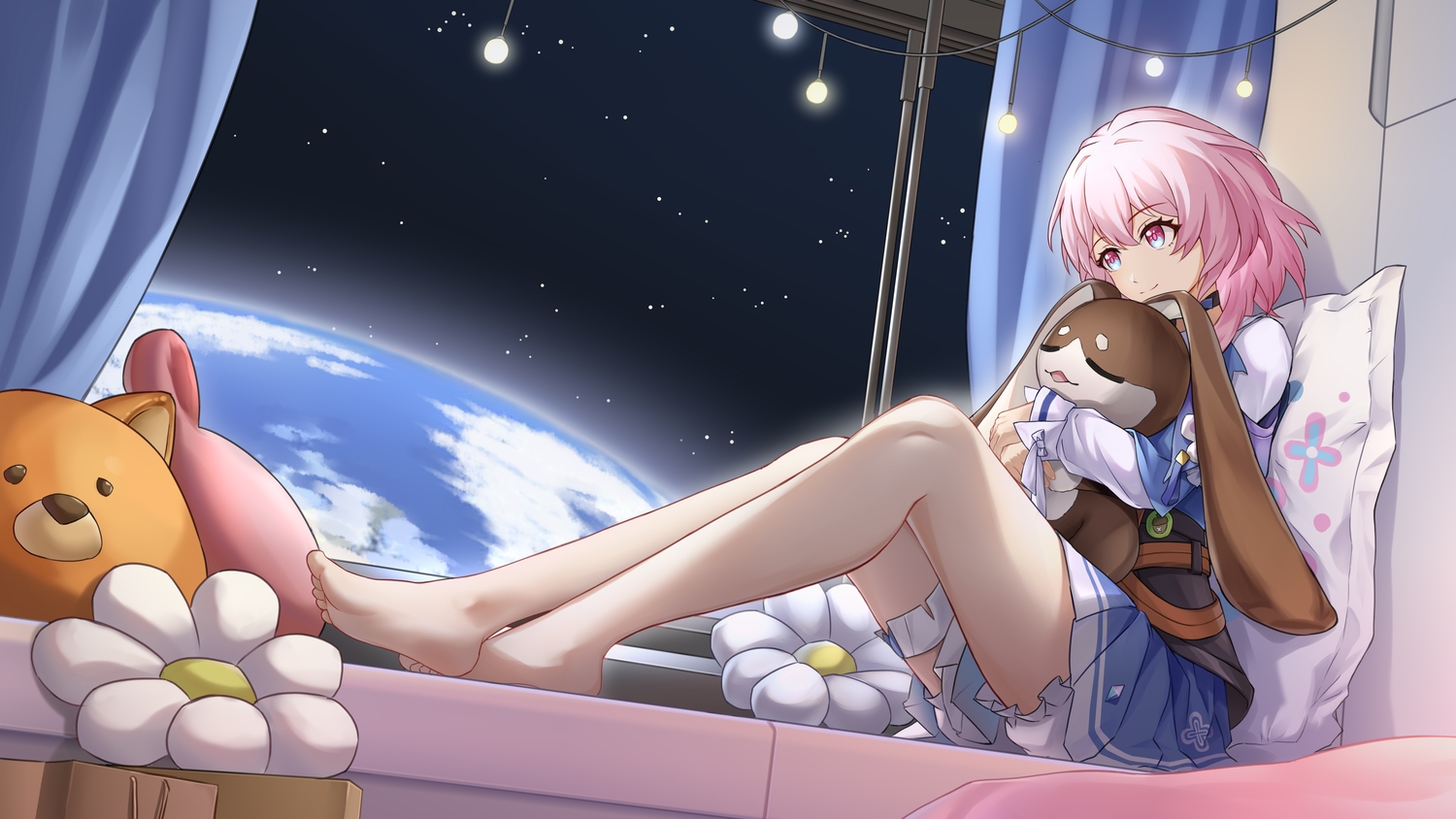 barefoot, choker, earth, flowers, honkai_(series), honkai:_star_rail, long_hair, march_7th_(honkai:_star_rail)