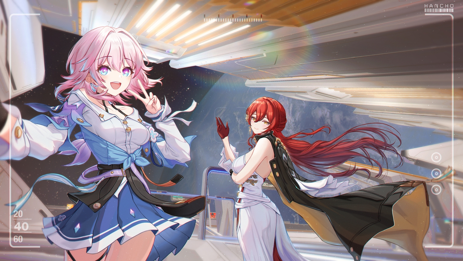2girls, blush, cape, dress, earth, garter, hancho, himeko_(honkai:_star_rail), honkai_(series), honkai:_star_rail, long_hair, march_7th_(honkai:_star_rail), pink_hair, planet, red_eyes, red_hair, shirt, short_hair, skirt, space, stars, watermark, yellow_eyes