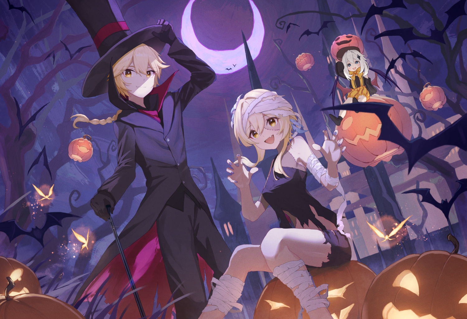 2girls, aether_(genshin_impact), animal, bandage, bat, blonde_hair, bloomers, bow