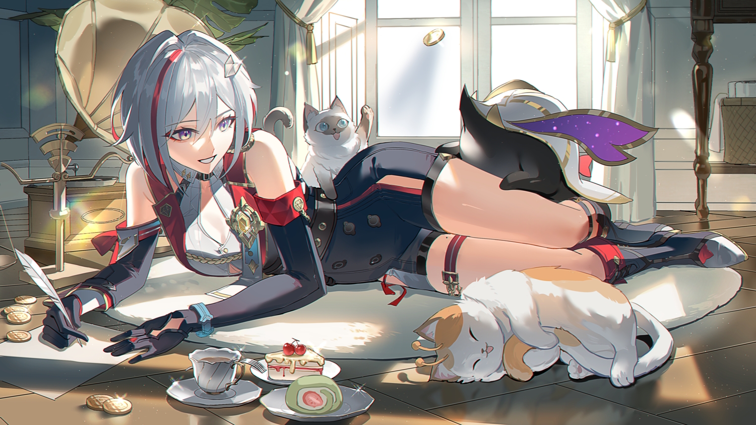 animal, boots, cake, cat, cherry, collar, drink, elbow_gloves, feathers, food, fruit, garter, gloves, gray_hair, guaisen, honkai_(series), honkai:_star_rail, paper, purple_eyes, short_hair, shorts, strawberry, topaz_(honkai:_star_rail), wristwear