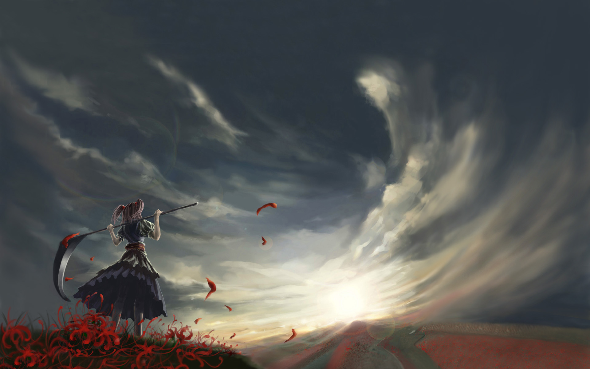kong_xian, onozuka_komachi, scythe, sky, third-party_edit, touhou, weapon