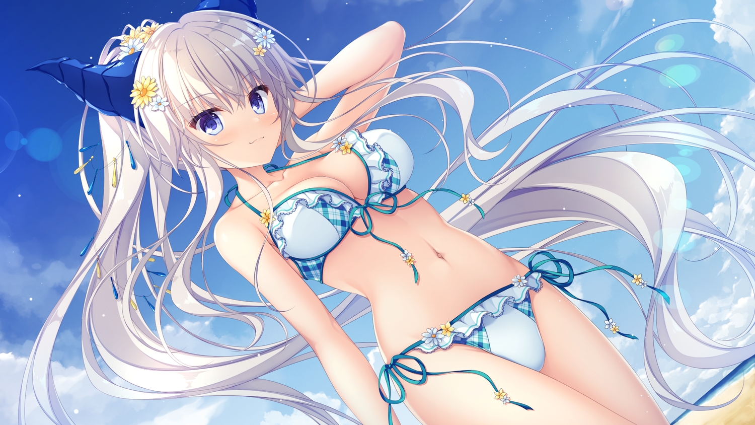 beach, bikini, blue_eyes, drapri_guu-ta-life, game_cg, horns, iris_(drapri), long_hair