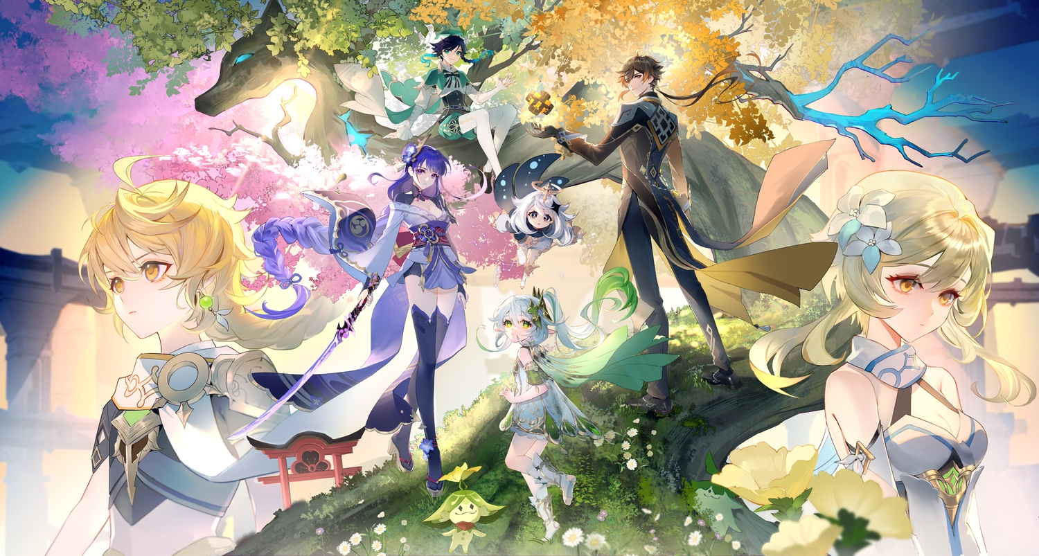 aether_(genshin_impact), genshin_impact, group, guaisen, loli, lumine_(genshin_impact), male, nahida_(genshin_impact), paimon_(genshin_impact), raiden_shogun, torii, tree, venti_(genshin_impact), zhongli_(genshin_impact)