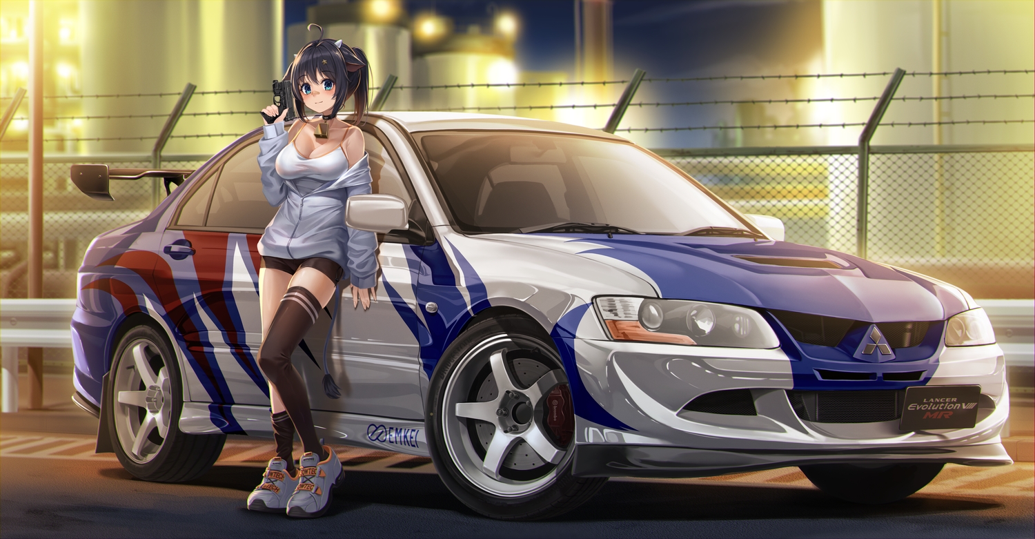 animal_ears, aqua_eyes, bell, blush, breasts, brown_hair, car, cleavage, clouds, collar, cowgirl, enpera_(jdud8375), gun, hood, horns, industrial, long_hair, night, original, ponytail, shorts, sky, tail, thighhighs, weapon, zettai_ryouiki