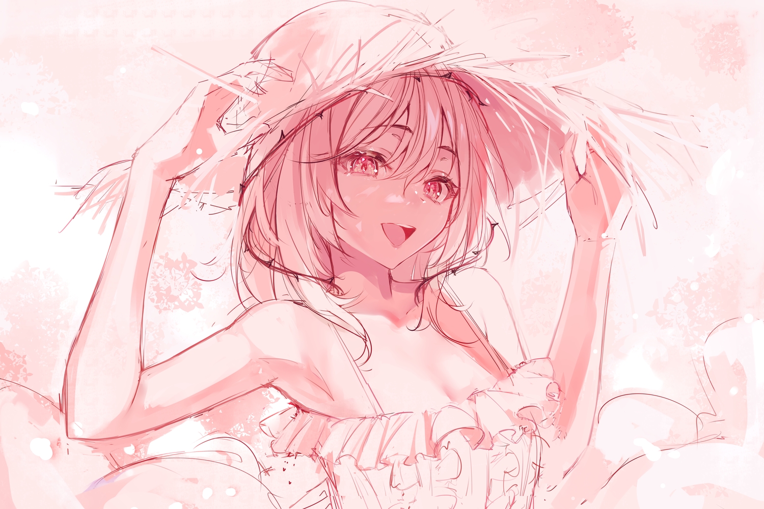 dress, hat, monochrome, naokomama, nijisanji, pink, pink_eyes, pink_hair