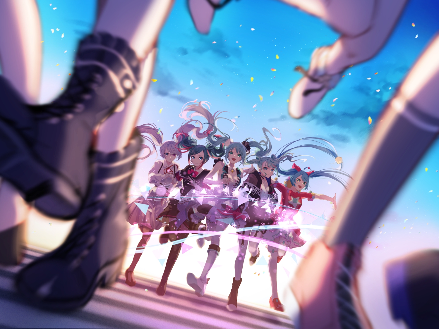 azusawa_kohane, boots, hanasato_minori, hatsune_miku, hoshino_ichika, project_sekai, tenma_tsukasa, vocaloid