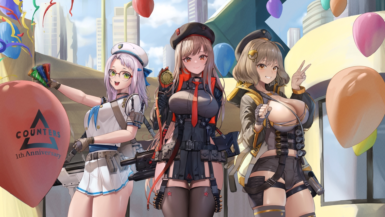 anis_(nikke), breasts, brown_eyes, brown_hair, building, choker, city, cleavage