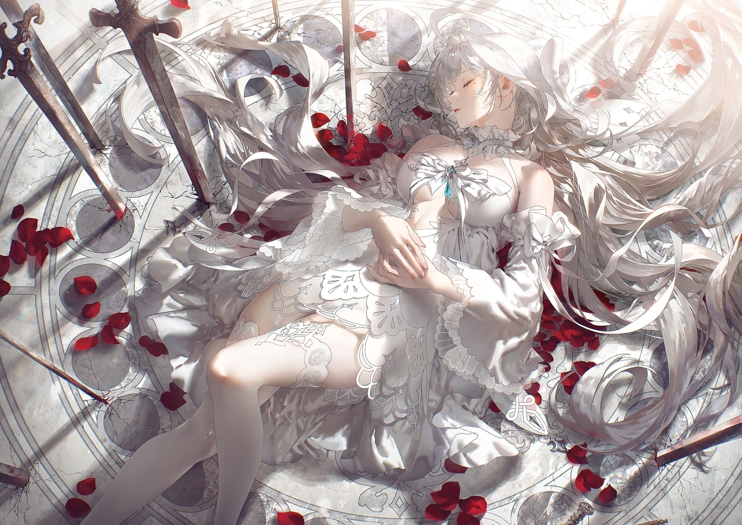 bow, breasts, dress, gray_hair, long_hair, original, petals, ribbons, sleeping, sword, thighhighs, third-party_edit, weapon, yunikon