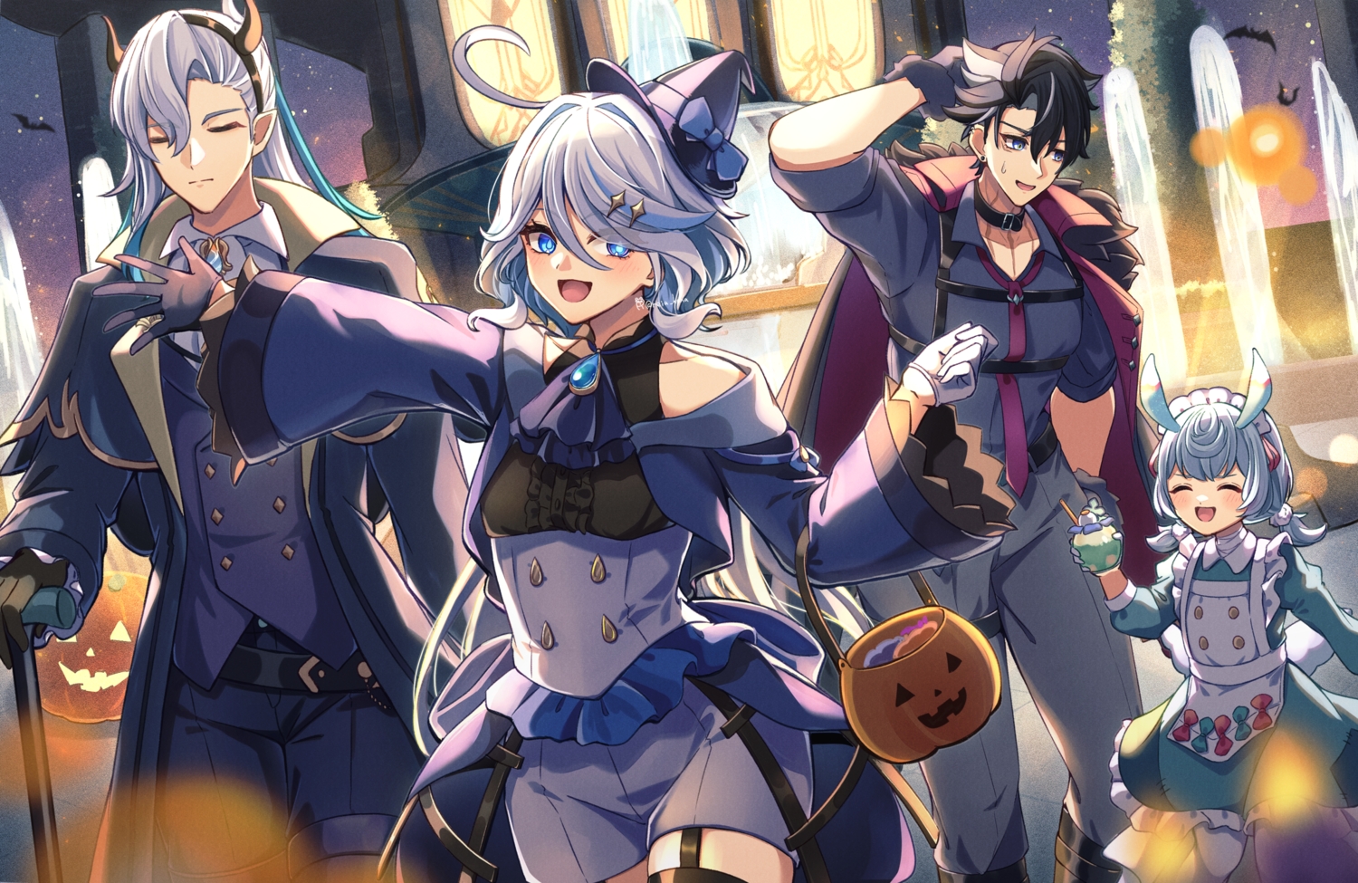 animal, animal_ears, apron, bat, black_hair, blue_eyes, blue_hair, blush