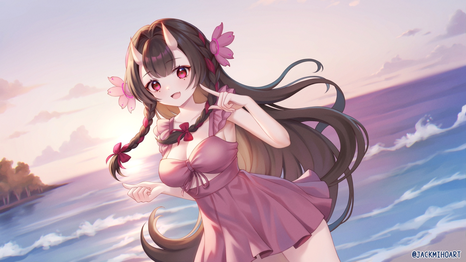 beach, bow, braids, breasts, brown_hair, cleavage, clouds, dress, fang, horns, jackmiho, long_hair, red_eyes, sky, summer_dress, sunset, tsukumo_sakura, virtual_youtuber, water, watermark