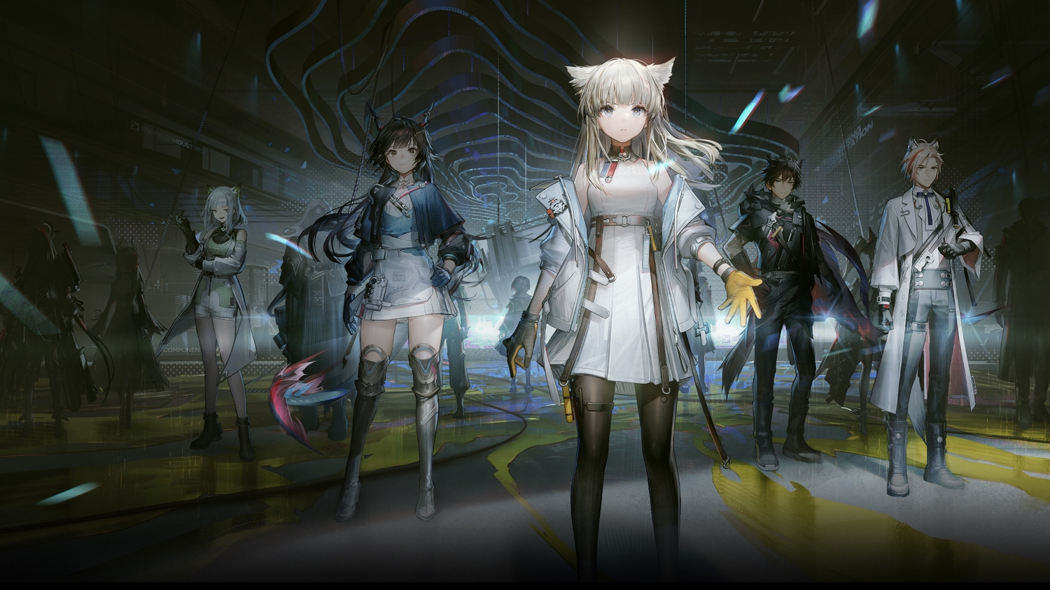 aliasing, angelina_(arknights), animal_ears, arknights, arknights:_endfield, brown_eyes, catgirl, chen_qianyu_(arknights), dress, ember_(arknights), fjall_(arknights), gilberta_(arknights:_endfield), gloves, gray_hair, group, liduke, long_hair, male, pantyhose, perlica_(arknights), short_hair, tagme_(character), thighhighs, wulfgard_(arknights), xaihi_(arknights)