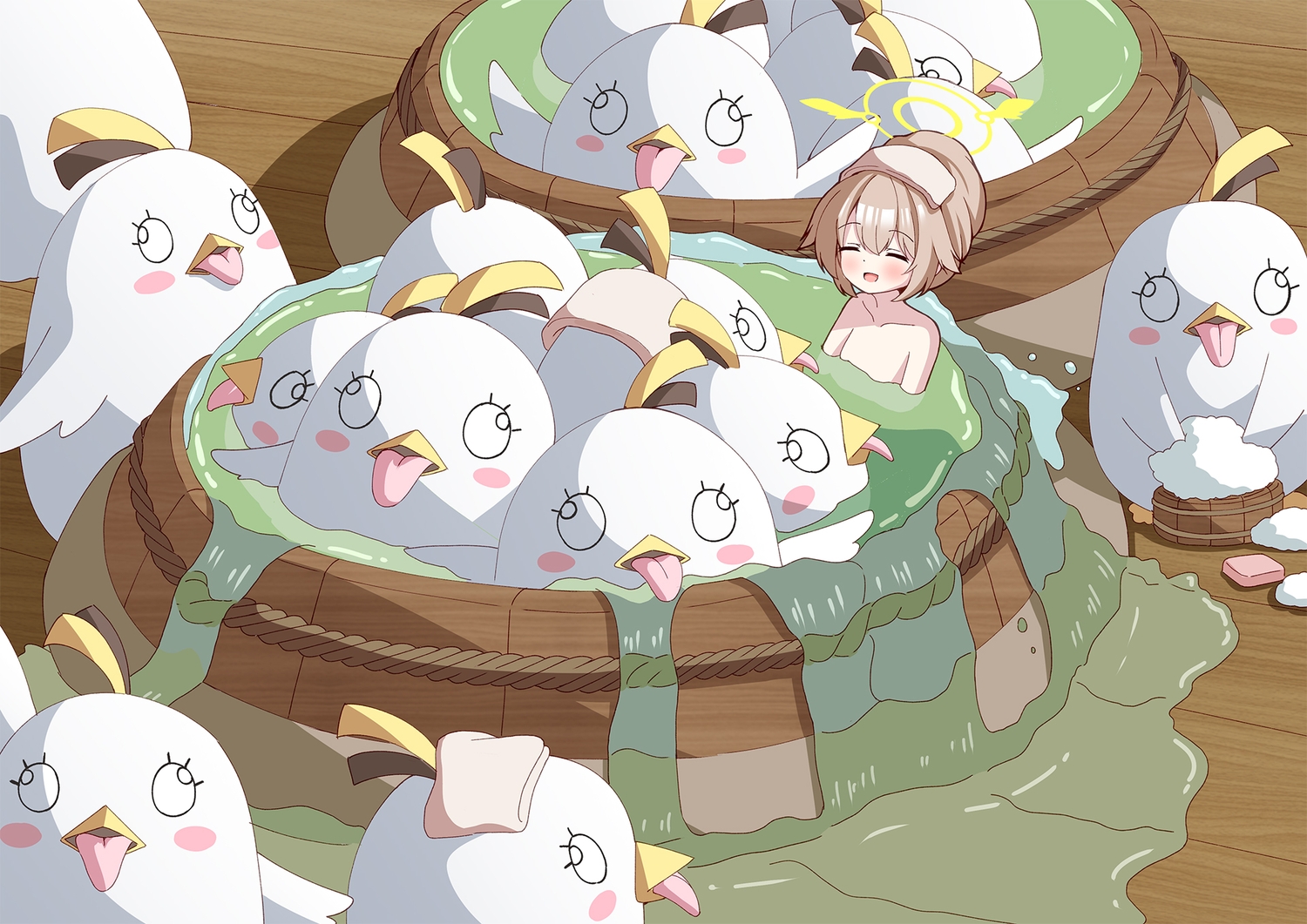 ajitani_hifumi, animal, azel_(laevateinn495), bath, bathtub, bird, blue_archive, brown_hair
