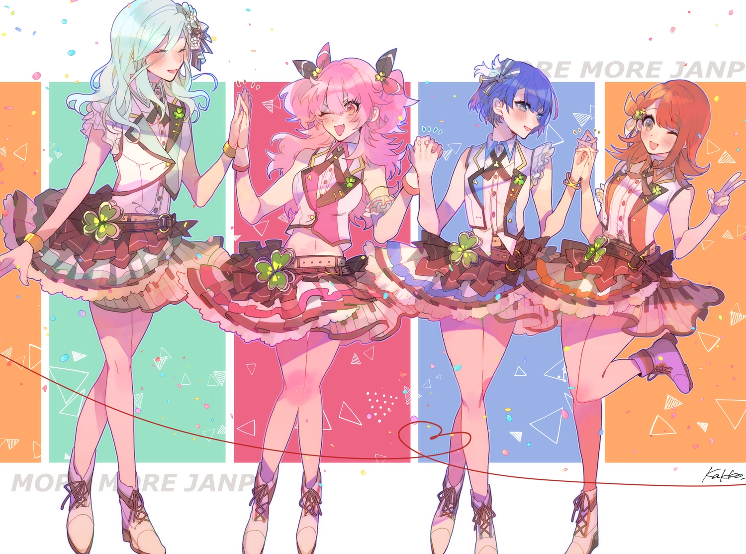 blue_eyes, blue_hair, blush, boots, braids, brown_eyes, fang, green_hair, group, hanasato_minori, hinomori_shizuku, kawasaki_(kwsk_8765), kiritani_haruka, long_hair, momoi_airi, navel, pink_hair, project_sekai, red_eyes, red_hair, shirt, short_hair, signed, skirt, twintails, wink, wristwear