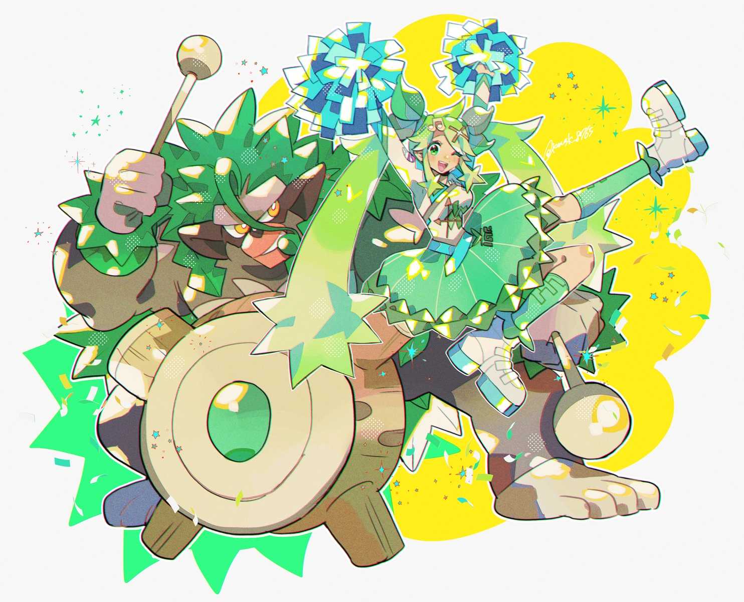 cheerleader, grass_miku_(project_voltage), green_eyes, green_hair, hatsune_miku, kawasaki_(kwsk_8765), kneehighs, pokemon