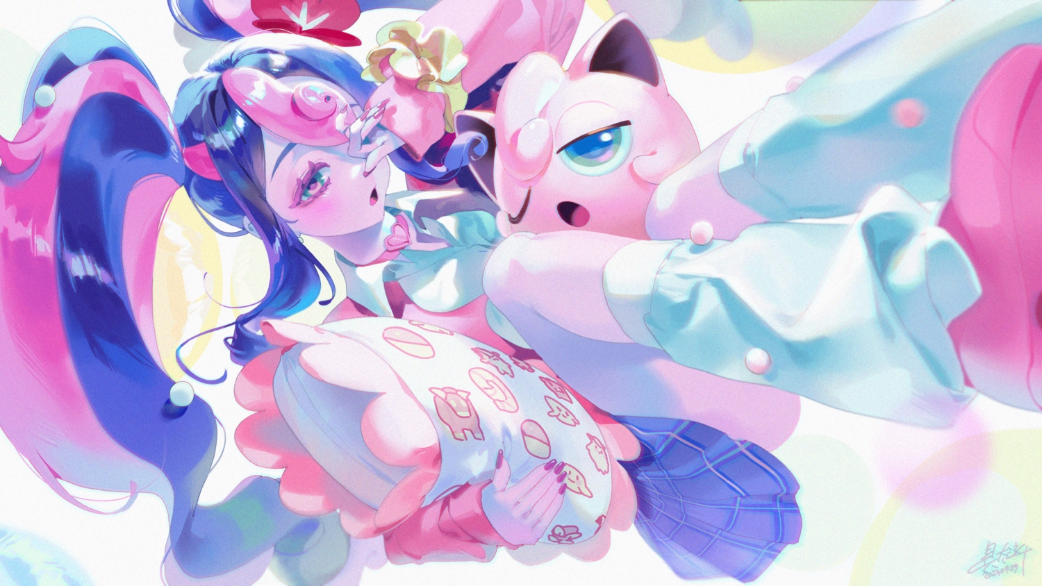 baekryang, blue_hair, choker, fairy_miku_(project_voltage), green_eyes, hatsune_miku, jigglypuff, long_hair, pink_hair, pokemon, project_voltage, signed, skirt, socks, twintails, vocaloid, wink, wristwear