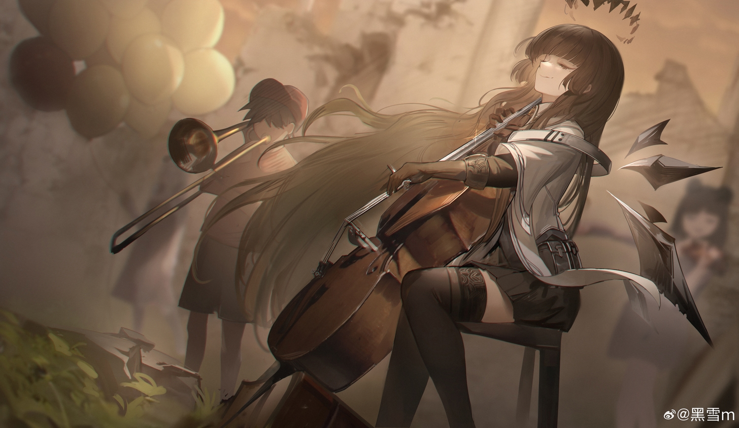arknights, black_hair, garter_belt, gloves, halo, instrument, long_hair, skirt