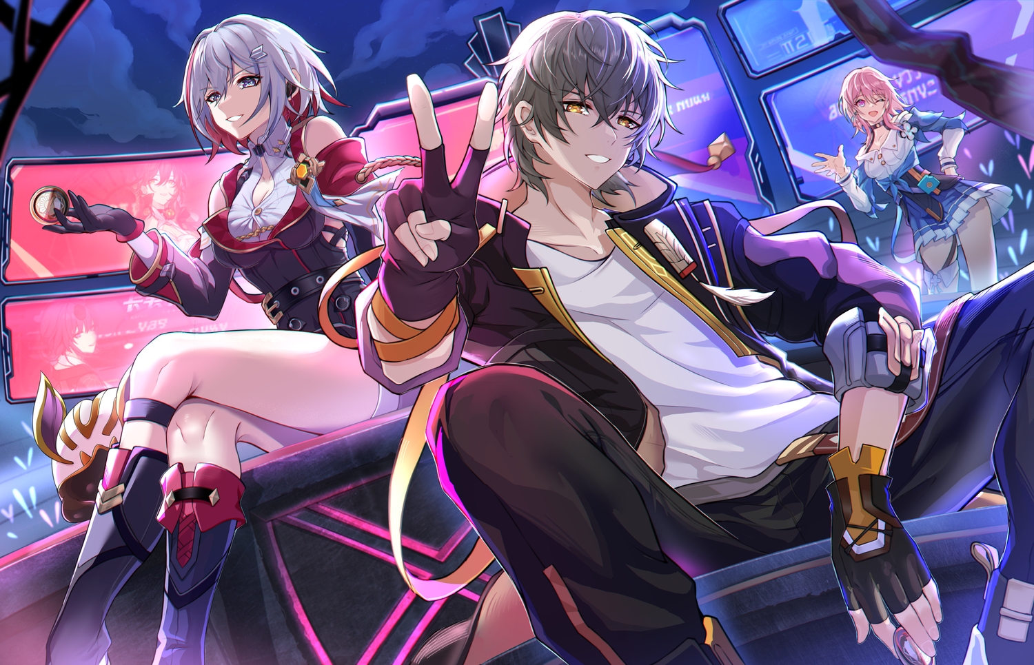 2girls, boots, breasts, bupa_chila, caelus_(honkai:_star_rail), choker, cleavage, gloves