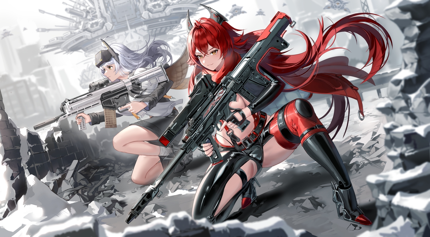 2girls, breasts, brown_eyes, cleavage, gloves, goddess_of_victory:_nikke, goggles, gray_hair