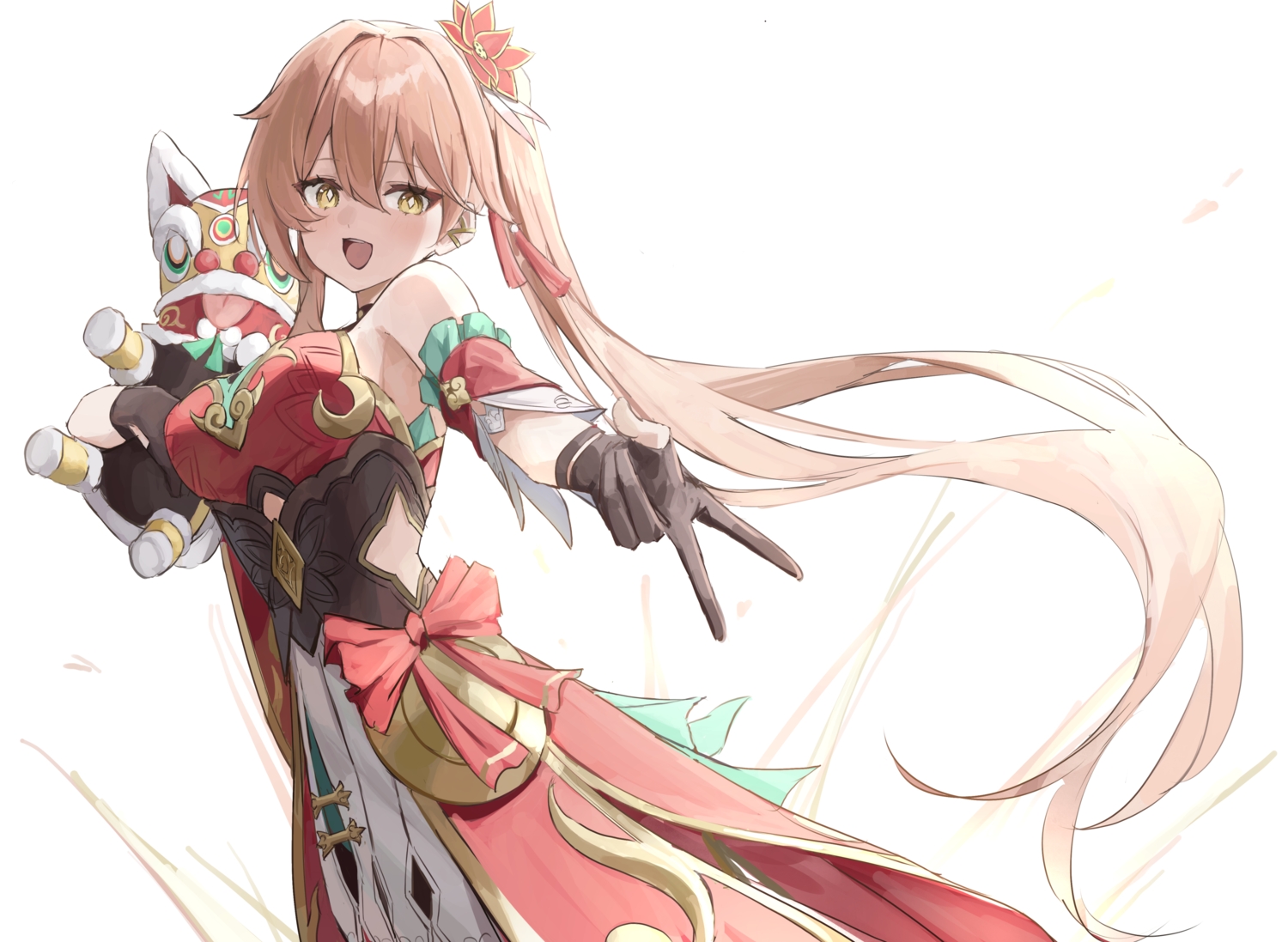 blush, bow, brown_hair, chinese_clothes, dress, gloves, guinaifen_(honkai:_star_rail), honkai_(series), honkai:_star_rail, long_hair, ponytail, shiro_wa_(shiroshironix), sketch, white, yellow_eyes
