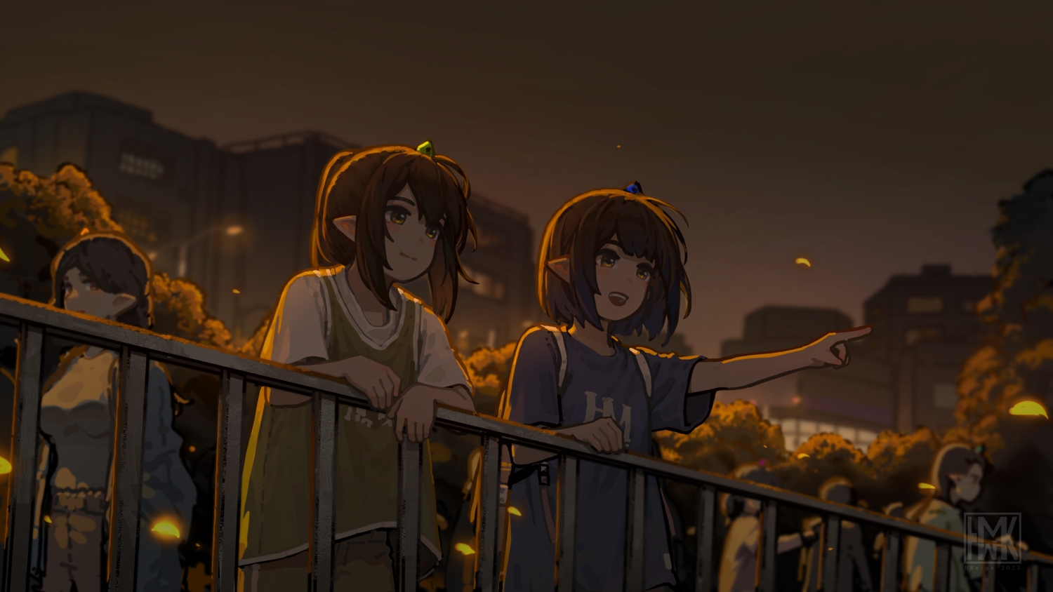 brown_eyes, brown_hair, building, city, dark, horns, hua_ming_wink, leaves