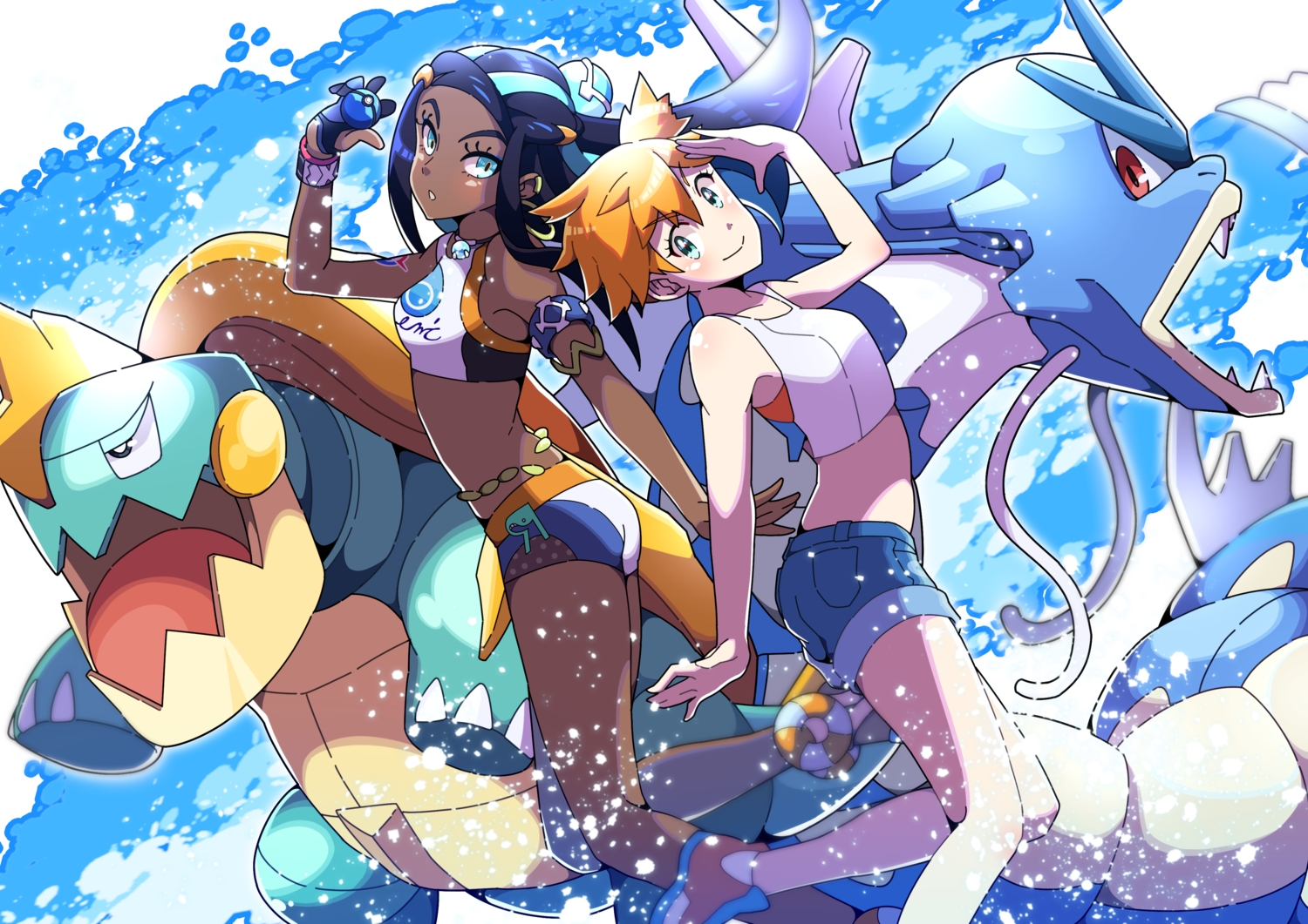 2girls, aqua_eyes, black_hair, dark_skin, drednaw, gloves, green_eyes, gyarados