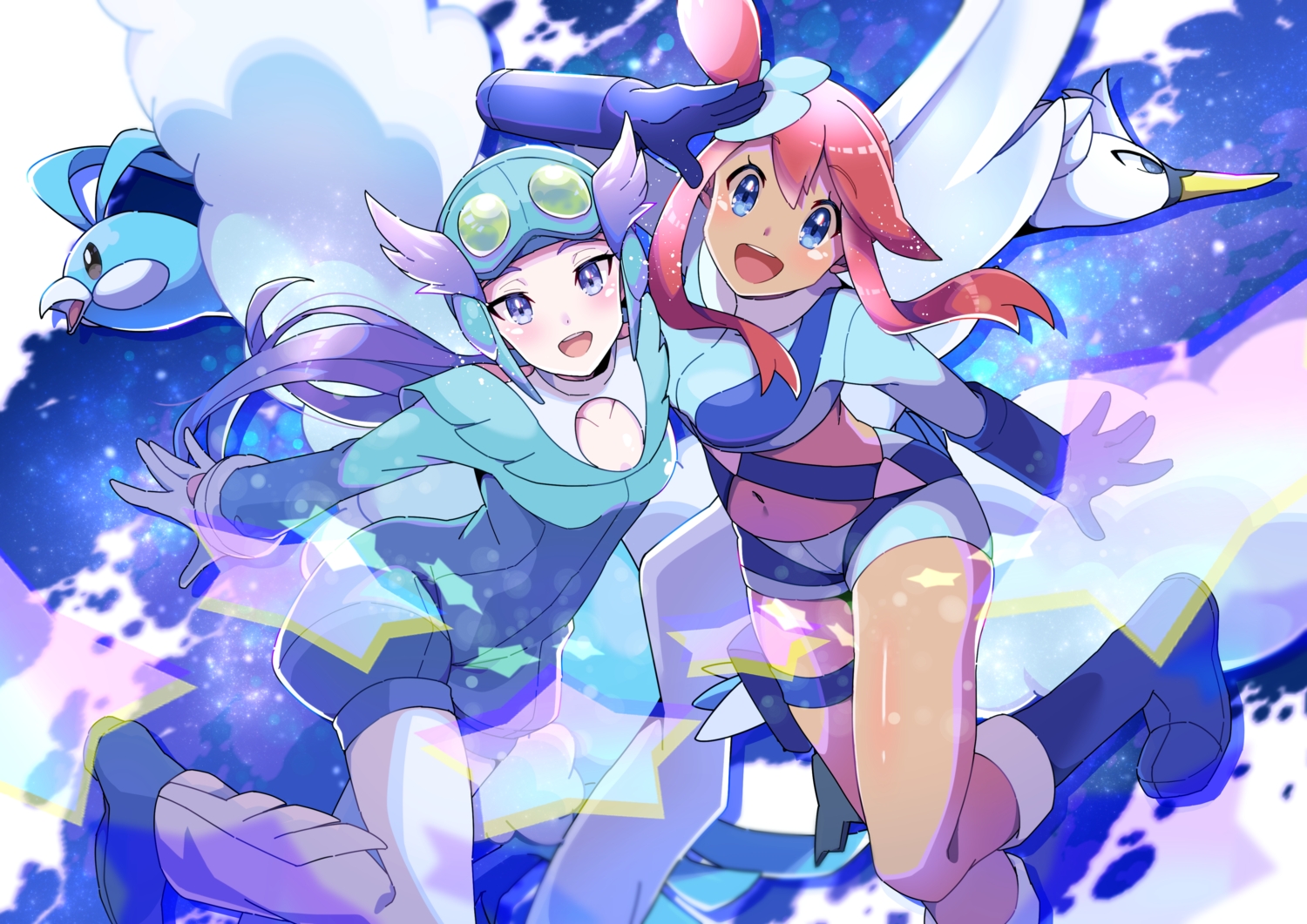 2girls, altaria, animal, bird, blue_eyes, blue_hair, bodysuit, boots