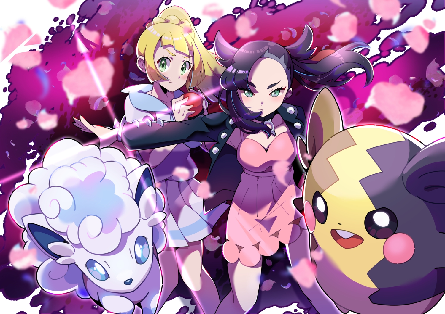 2girls, animal, black_hair, blonde_hair, dress, fox, green_eyes, long_hair