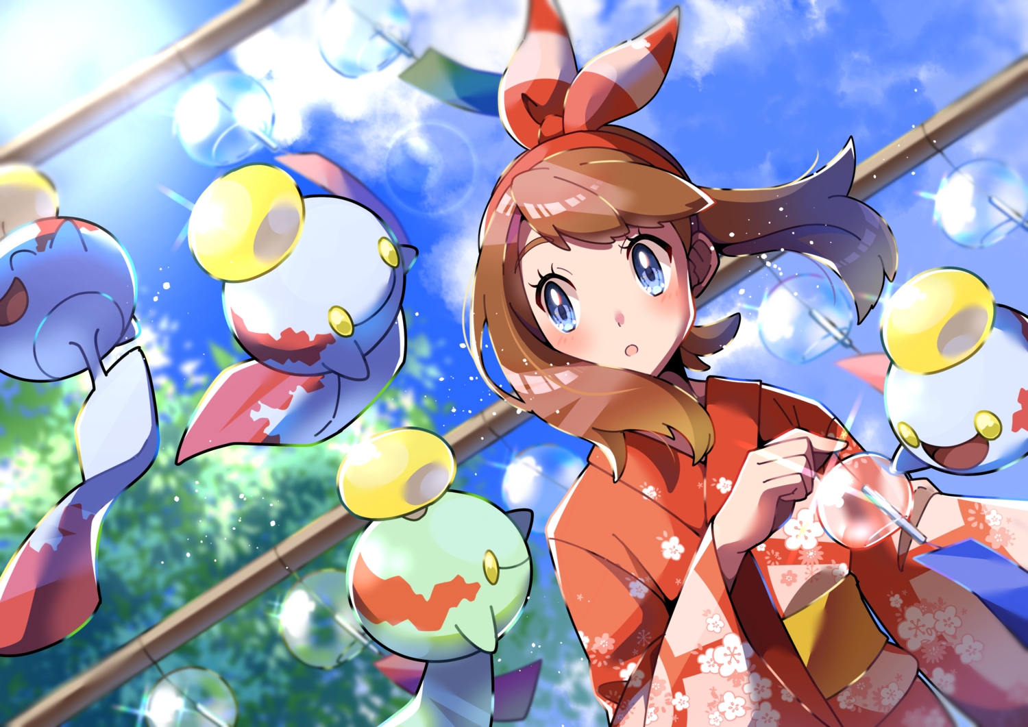 blue_eyes, blush, brown_hair, chimecho, clouds, haruka_(pokemon), headband, japanese_clothes, kimono, pokemon, pon_yui, sky, summer, tree, yukata
