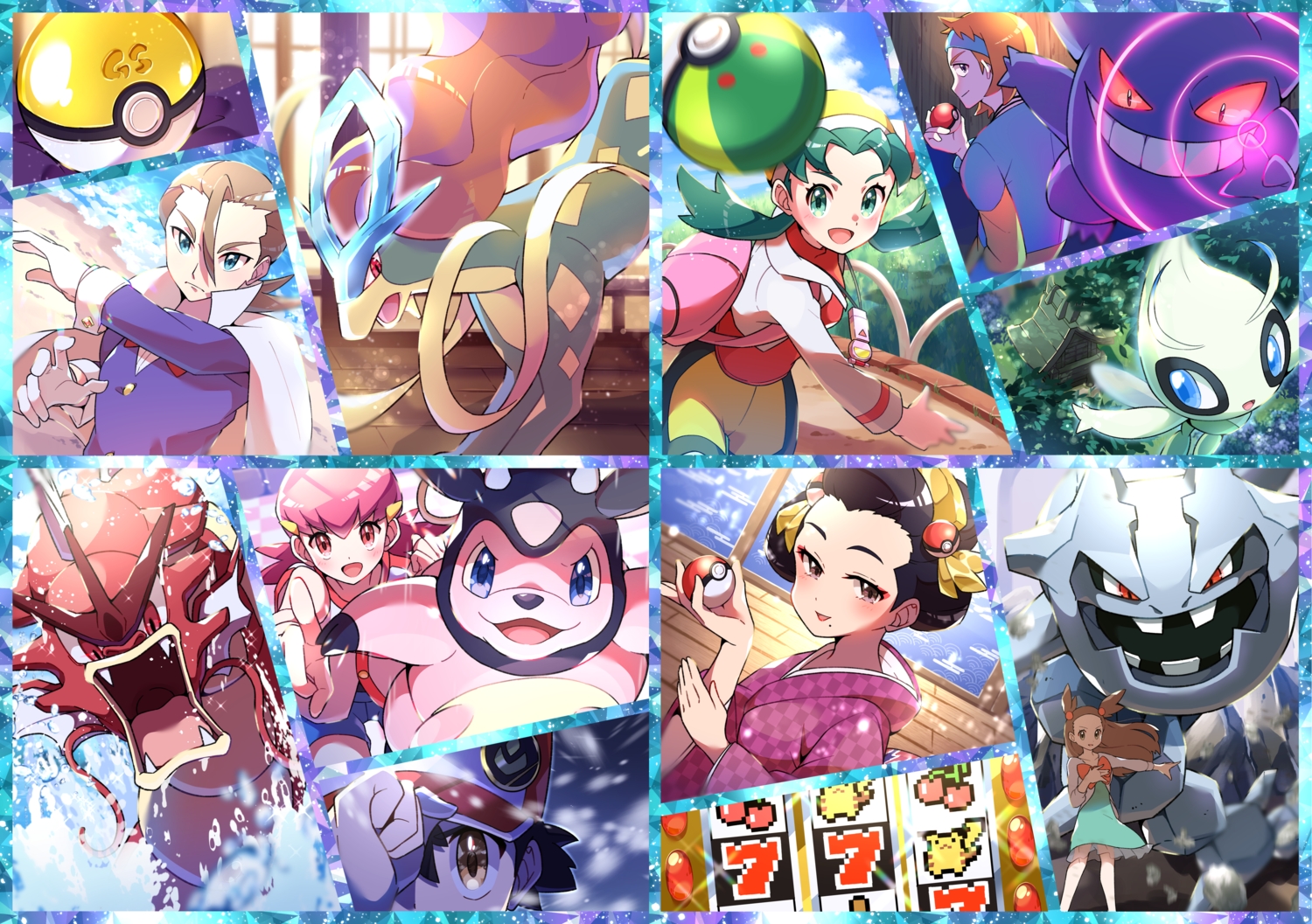 akane_(pokemon), celebi, gengar, gyarados, japanese_clothes, kimono, kris_(pokemon), matsuba_(pokemon)