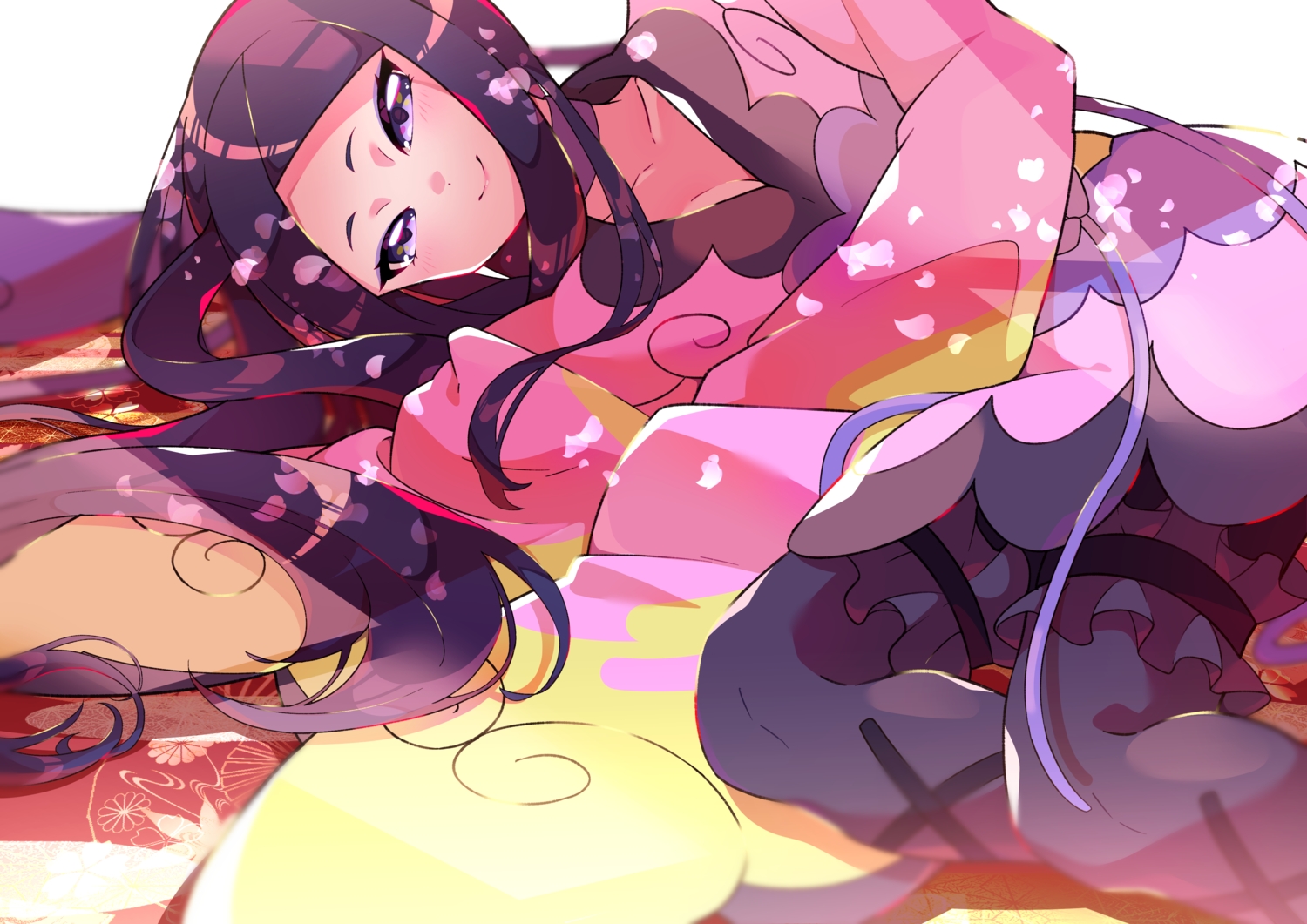 black_hair, blush, garter, japanese_clothes, lolita_fashion, long_hair, mache_(pokemon), pantyhose
