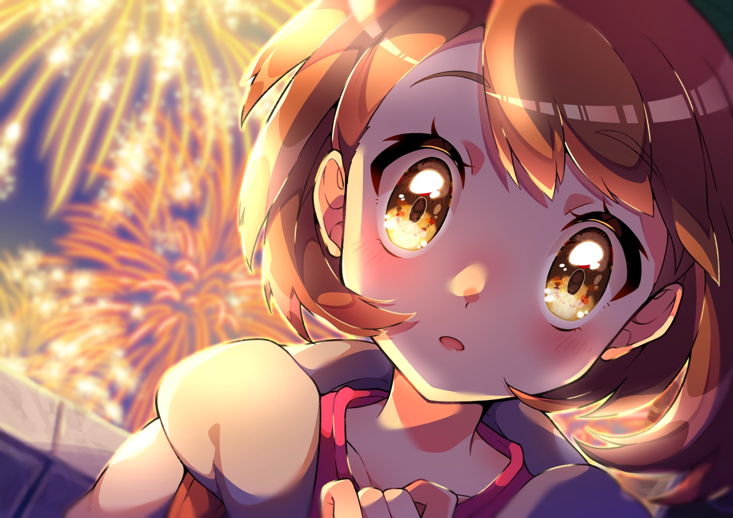 brown_eyes, brown_hair, close, fireworks, night, pokemon, pon_yui, short_hair