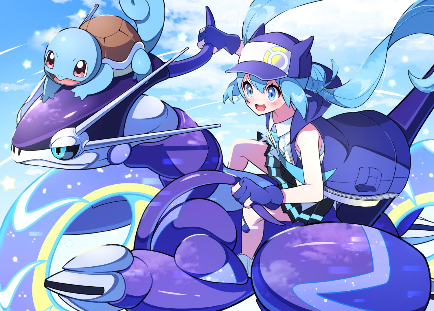 animal, blue_eyes, blue_hair, clouds, flat_chest, gloves, hat, hatsune_miku