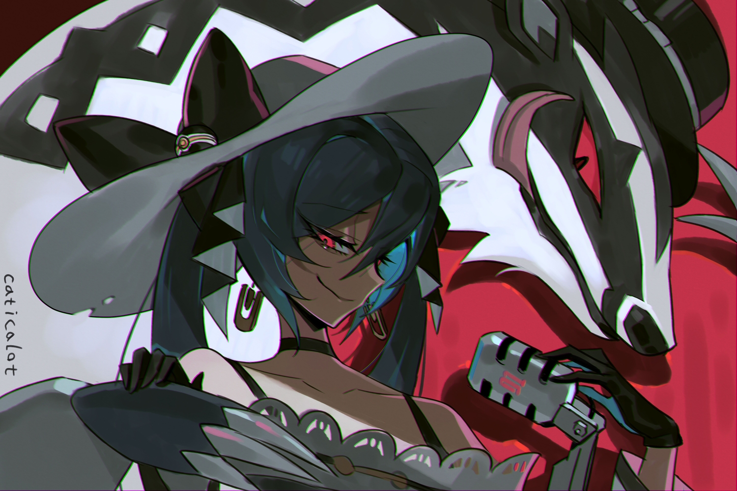 blue_hair, caticalot_(mooopl), choker, close, dark_miku_(project_voltage), gloves, hat, hatsune_miku, long_hair, microphone, obstagoon, pokemon, project_voltage, red_eyes, signed, twintails, vocaloid